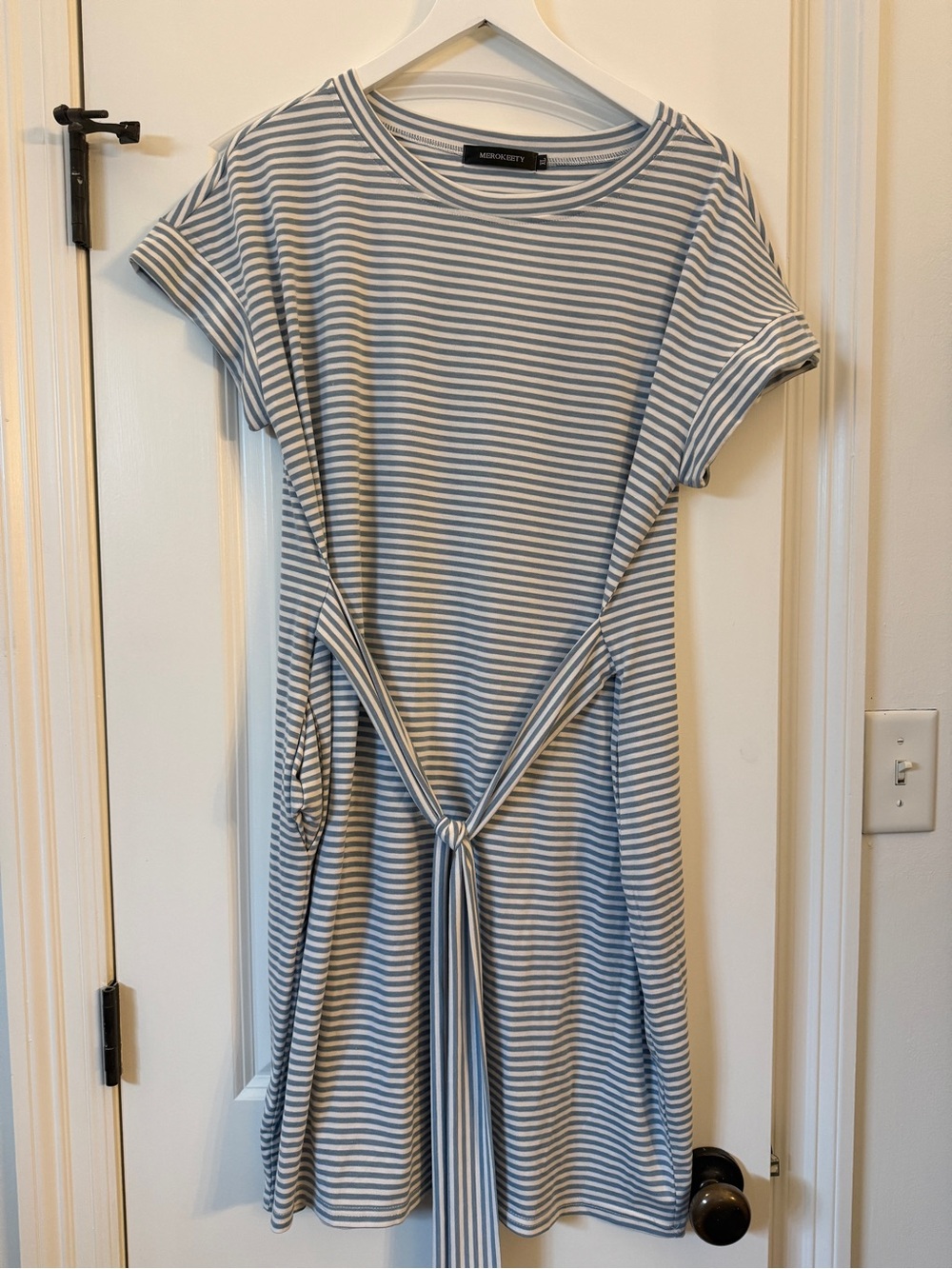 Merokeety Blue and White Striped Tie-Front Dress